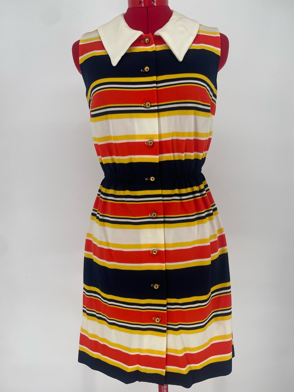 60s 70s Striped Vibrant / Primary Colors Sleeveless Collared Shirt Dress - Picture 2 of 16